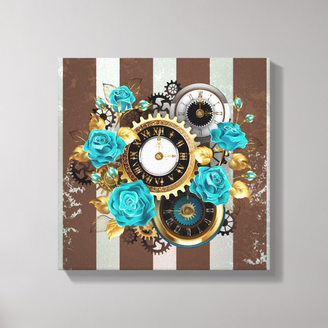 Steampunk Clock and Turquoise Roses on Striped Canvas Print (Front)