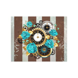 Steampunk Clock and Turquoise Roses on Striped Canvas Print