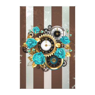 Steampunk Clock and Turquoise Roses on Striped Canvas Print