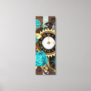 Steampunk Clock and Turquoise Roses on Striped Canvas Print