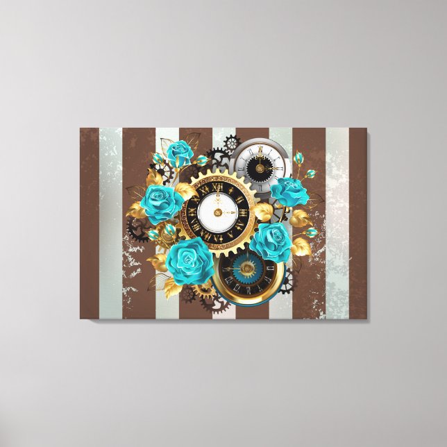 Steampunk Clock and Turquoise Roses on Striped Canvas Print (Front)