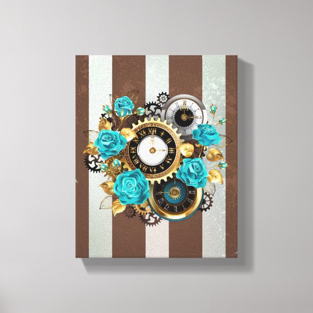 Steampunk Clock and Turquoise Roses on Striped Canvas Print (Front)