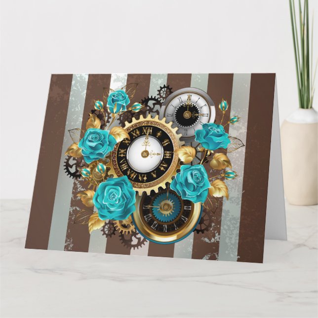 Steampunk Clock and Turquoise Roses on Striped Card (Front)