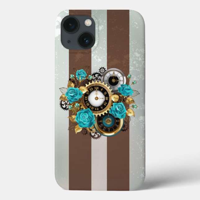 Steampunk Clock and Turquoise Roses on Striped Case-Mate iPhone Case (Back)