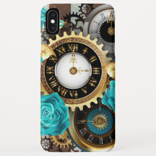 Steampunk Clock and Turquoise Roses on Striped iPhone XS Max Case