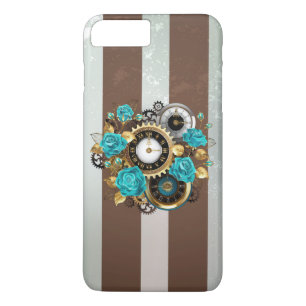 Steampunk Clock and Turquoise Roses on Striped Case-Mate iPhone Case
