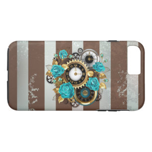 Steampunk Clock and Turquoise Roses on Striped Case-Mate iPhone Case