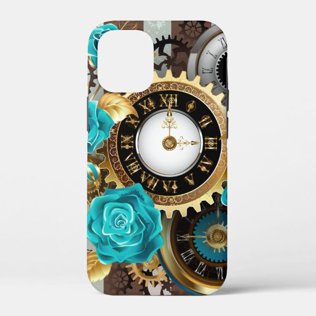 Steampunk Clock and Turquoise Roses on Striped Case-Mate iPhone Case (Back)