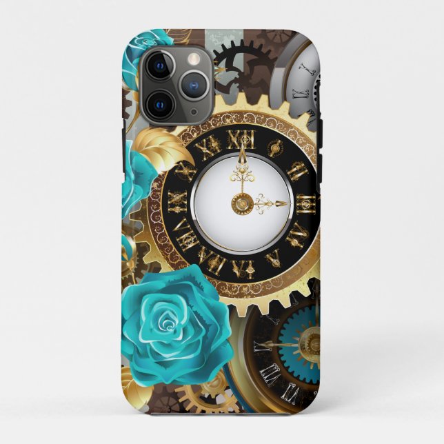 Steampunk Clock and Turquoise Roses on Striped Case-Mate iPhone Case (Back)