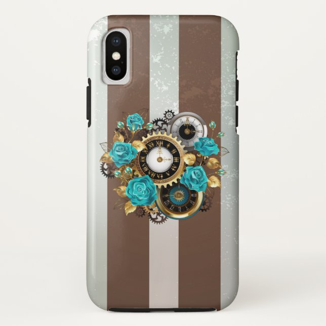 Steampunk Clock and Turquoise Roses on Striped Case-Mate iPhone Case (Back)