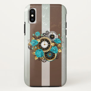 Steampunk Clock and Turquoise Roses on Striped iPhone XS Case