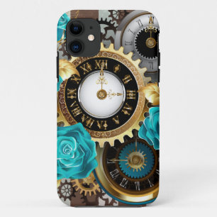 Steampunk Clock and Turquoise Roses on Striped iPhone 11 Case