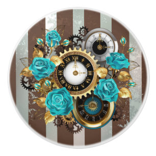 Steampunk Clock and Turquoise Roses on Striped Ceramic Knob
