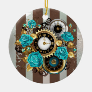 Steampunk Clock and Turquoise Roses on Striped Ceramic Ornament
