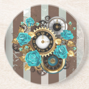 Steampunk Clock and Turquoise Roses on Striped Coaster