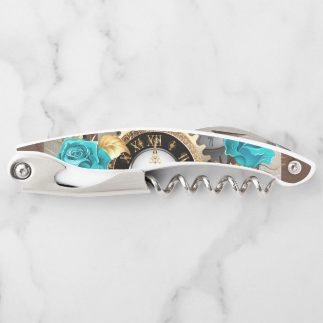 Steampunk Clock and Turquoise Roses on Striped Corkscrew (Front)