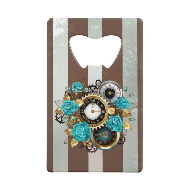 Steampunk Clock and Turquoise Roses on Striped Credit Card Bottle Opener (Front)