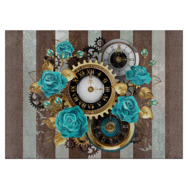 Steampunk Clock and Turquoise Roses on Striped Cutting Board (Front)