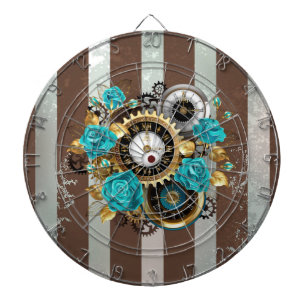 Steampunk Clock and Turquoise Roses on Striped Dartboard