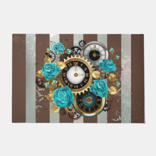 Steampunk Clock and Turquoise Roses on Striped Doormat