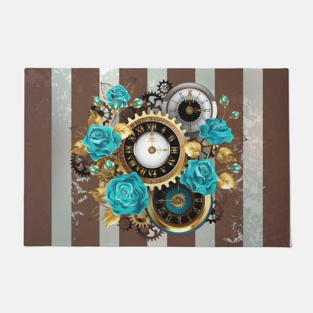 Steampunk Clock and Turquoise Roses on Striped Doormat (Front)