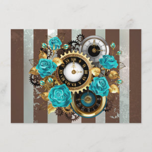 Steampunk Clock and Turquoise Roses on Striped Enclosure Card
