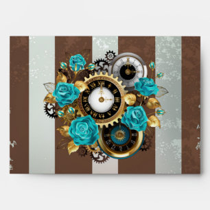 Steampunk Clock and Turquoise Roses on Striped Envelope