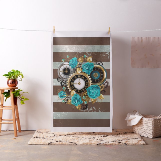 Steampunk Clock and Turquoise Roses on Striped Fabric (In Situ)