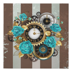 Steampunk Clock and Turquoise Roses on Striped Faux Canvas Print
