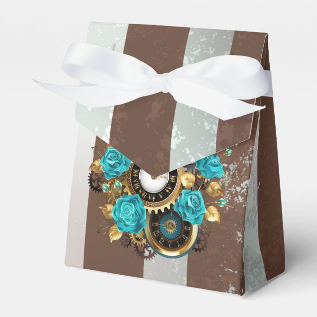Steampunk Clock and Turquoise Roses on Striped Favor Box (Front Side)