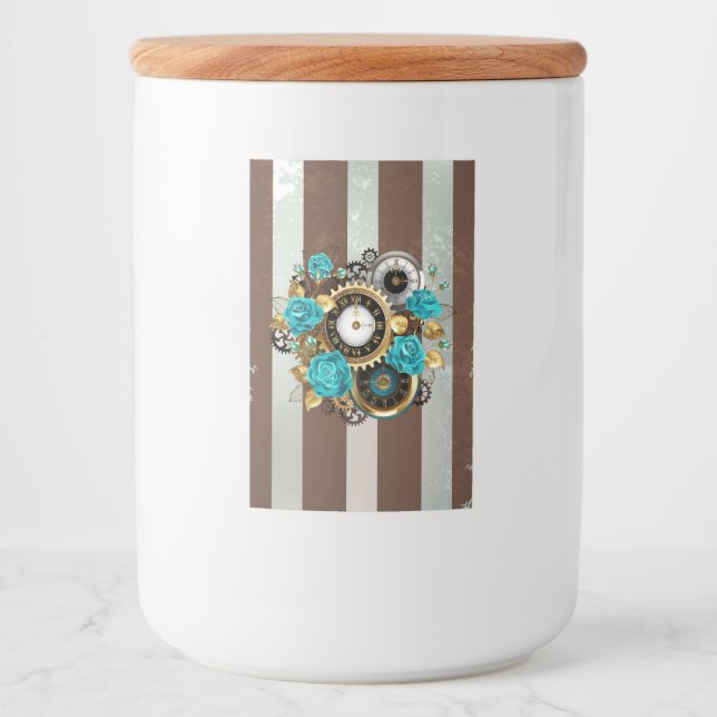 Steampunk Clock and Turquoise Roses on Striped  Food Label (Front)