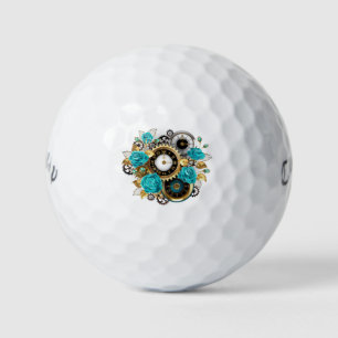 Steampunk Clock and Turquoise Roses on Striped Golf Balls
