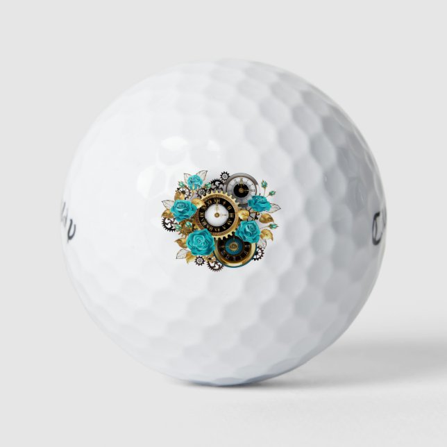 Steampunk Clock and Turquoise Roses on Striped Golf Balls (Front)