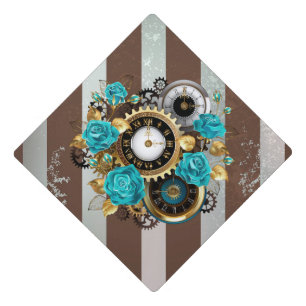 Steampunk Clock and Turquoise Roses on Striped Graduation Cap Topper