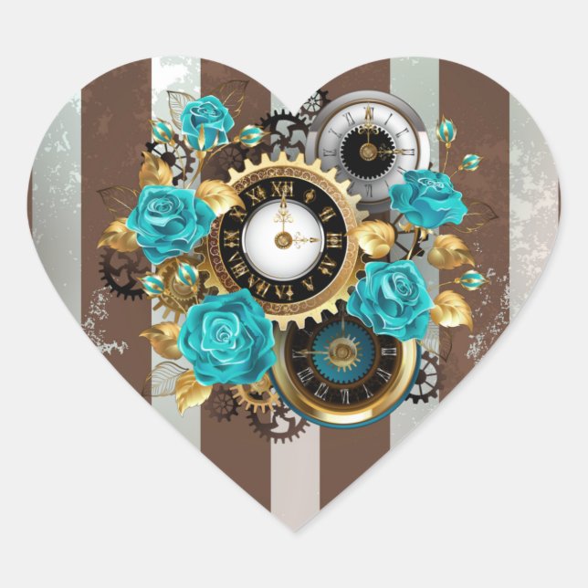Steampunk Clock and Turquoise Roses on Striped Heart Sticker (Front)