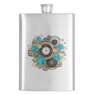 Steampunk Clock and Turquoise Roses on Striped Hip Flask