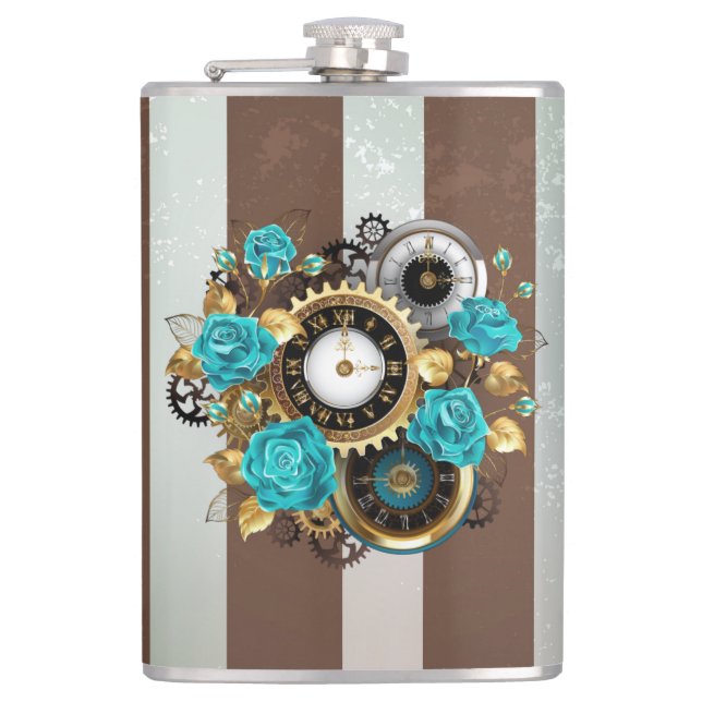 Steampunk Clock and Turquoise Roses on Striped Hip Flask (Front)