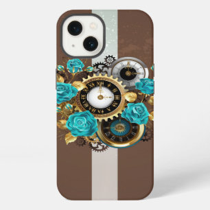 Steampunk Clock and Turquoise Roses on Striped iPhone 13 Case