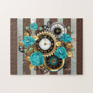 Steampunk Clock and Turquoise Roses on Striped Jigsaw Puzzle