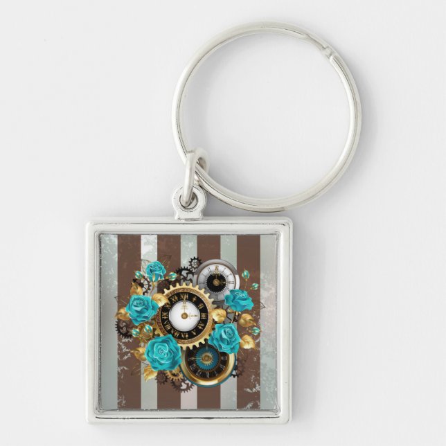 Steampunk Clock and Turquoise Roses on Striped Keychain (Front)