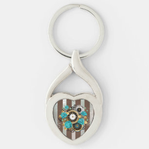 Steampunk Clock and Turquoise Roses on Striped Keychain