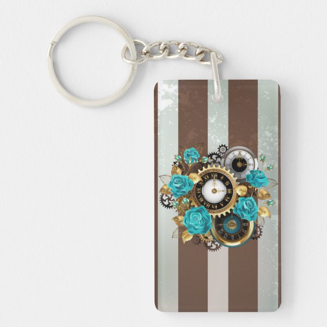 Steampunk Clock and Turquoise Roses on Striped Keychain (Front)