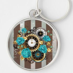 Steampunk Clock and Turquoise Roses on Striped Keychain