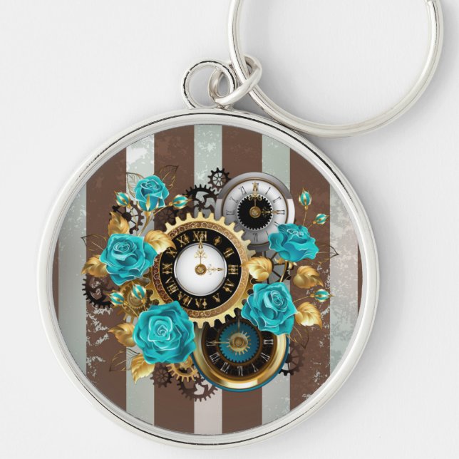 Steampunk Clock and Turquoise Roses on Striped Keychain (Front)