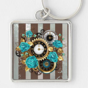 Steampunk Clock and Turquoise Roses on Striped Keychain