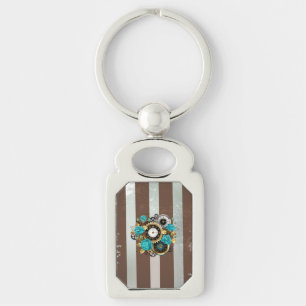 Steampunk Clock and Turquoise Roses on Striped Keychain