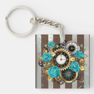 Steampunk Clock and Turquoise Roses on Striped Keychain