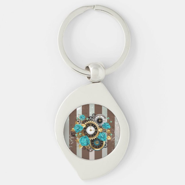 Steampunk Clock and Turquoise Roses on Striped Keychain (Front)