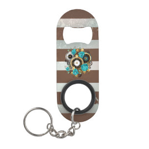 Steampunk Clock and Turquoise Roses on Striped Keychain Bottle Opener