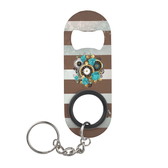 Steampunk Clock and Turquoise Roses on Striped Keychain Bottle Opener (Front)